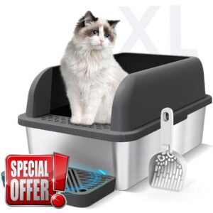 Stainless Steel Cat Litter Box with Enclosed Lid Extra Large Litter Box for Big Cats XL Metal Litter Tray Pan with High Sides Wall Enclosure