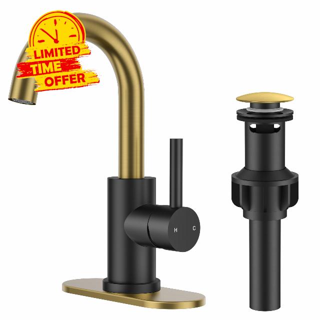 FORIOUS Black and Gold Bathroom Sink Faucet 1 or 3 Hole with Pop Up Drain and Hoses