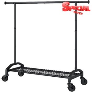 Wiracks Heavy Duty Clothes Rack for Hanging Clothes 350lbs Clothing Rack 3" industrial Wheels 51 to 71" W x 16.53" D x 65" to 71" H Adjustable Rolling Clothes Rack Coat Rack Garment Rack Black