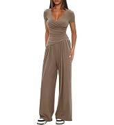 Darong Women's 2 Piece Lounge Outfits Sets Warp V Neck Long Sleeve Shirts and Wide Leg Pants Trac...