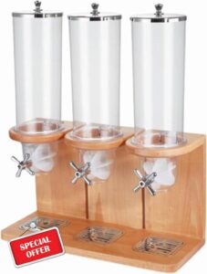 Cereal Dispenser Countertop Counter Top Rotating Cereal Grain Food Dispenser Dry Food Grain Nut Candy Snack Rice Triple (beech