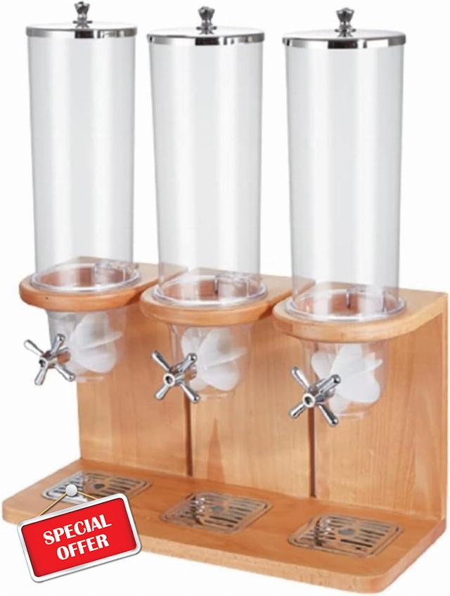 Cereal Dispenser Countertop Counter Top Rotating Cereal Grain Food Dispenser Dry Food Grain Nut Candy Snack Rice Triple (beech