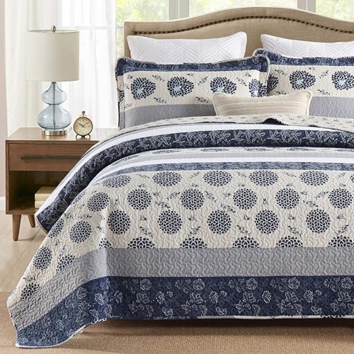 Navy Blue Beige Grey All Cotton Quilted Bedspread Set