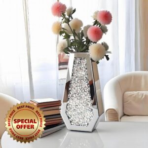 ALLARTONLY Flower Vase Crushed Diamond Mirrored Vase Crystal Silver Glass Decorative Mirror Vase Large Size Luxury for Home Decor. Diamond Shape Thickened. Can’t Hold Water.