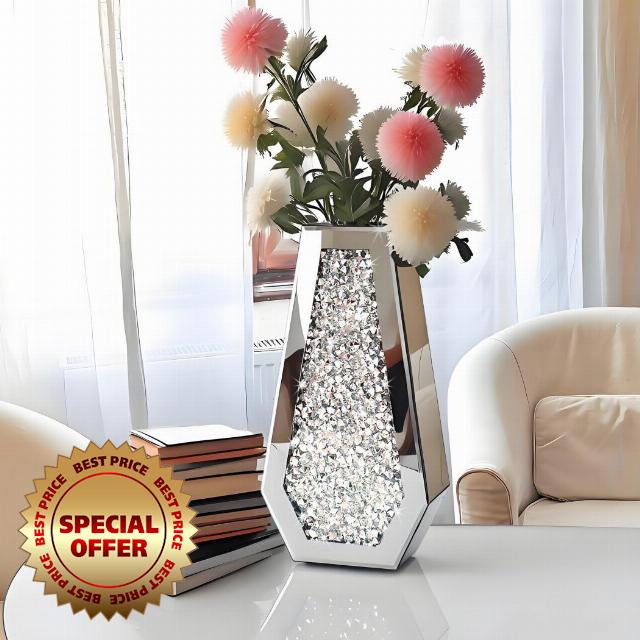 ALLARTONLY Flower Vase Crushed Diamond Mirrored Vase Crystal Silver Glass Decorative Mirror Vase Large Size Luxury for Home Decor. Diamond Shape Thickened. Can’t Hold Water.