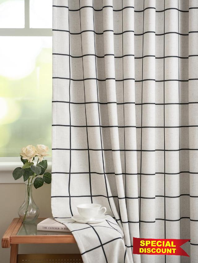 THREE GIRLS Pinch Pleated Curtains -Industrial Blackout Linen Buffalo Plaid Drapes