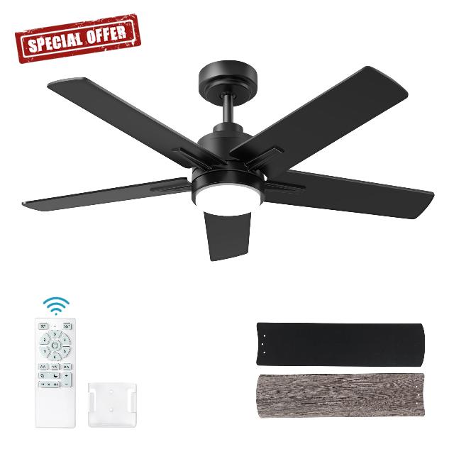 42 Inch Black Ceiling Fan with Light and Remote Control