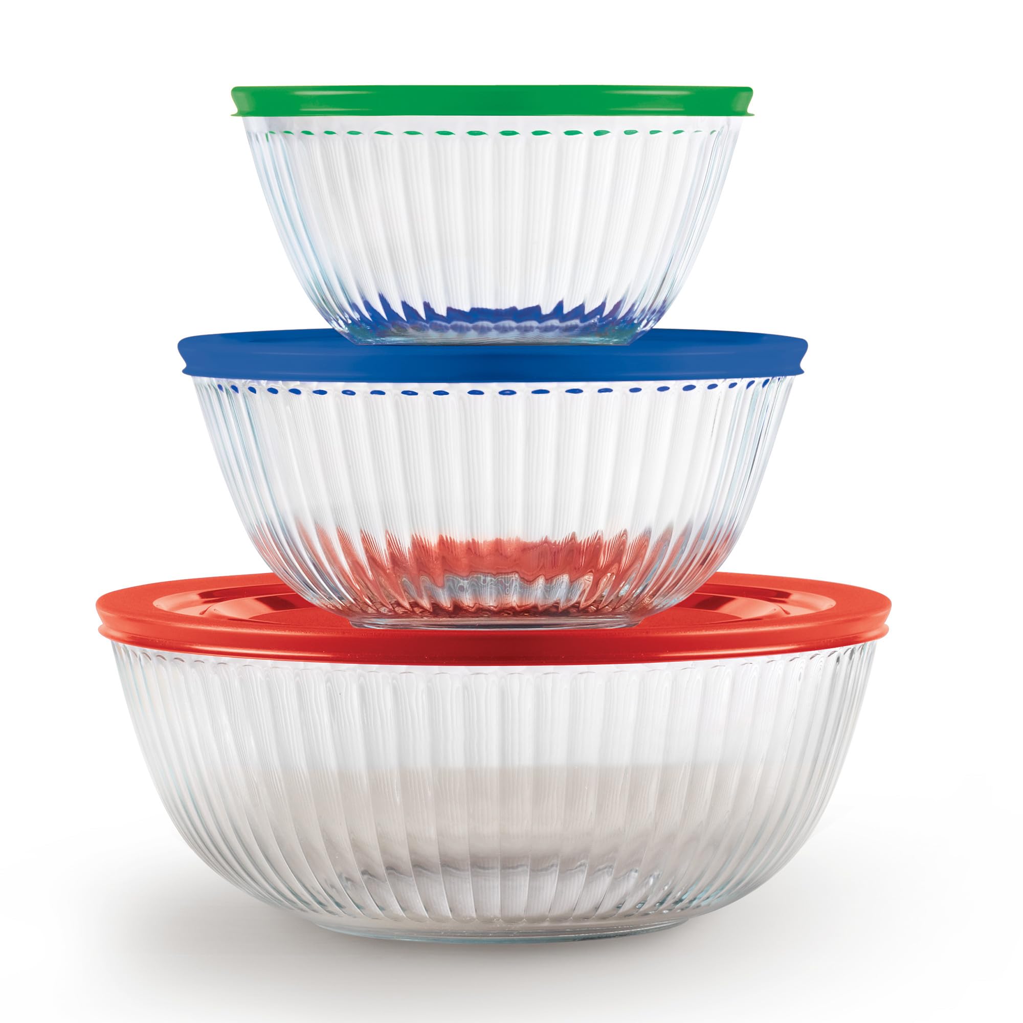 Pyrex Sculpted (3-Pack) Glass Mixing Bowls Set With Plastic Lids For Prepping