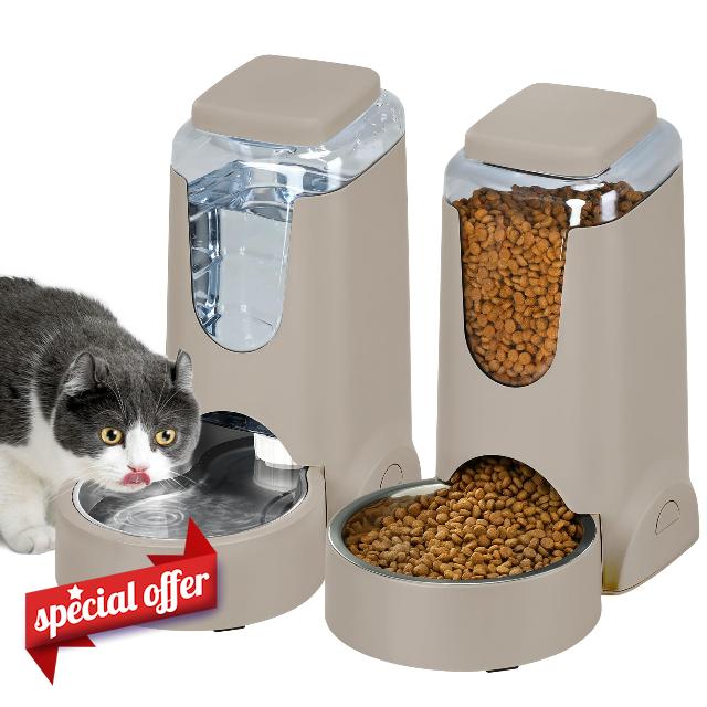 2 Pack Automatic Cat Feeder and Stainless Steel Water Dispenser
