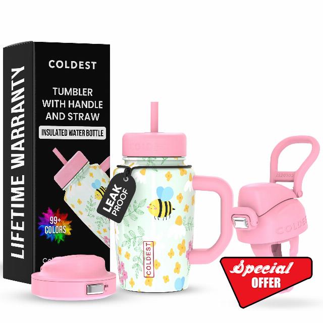 Coldest Tumbler with Handle & Coffee Lid - 100% Spill Proof Tumbler (3 Lids) - Stainless Steel Insulated Leakproof Tumblers for Women & Men - Cup Holder Friendly - 15 oz (Stung by a bee)