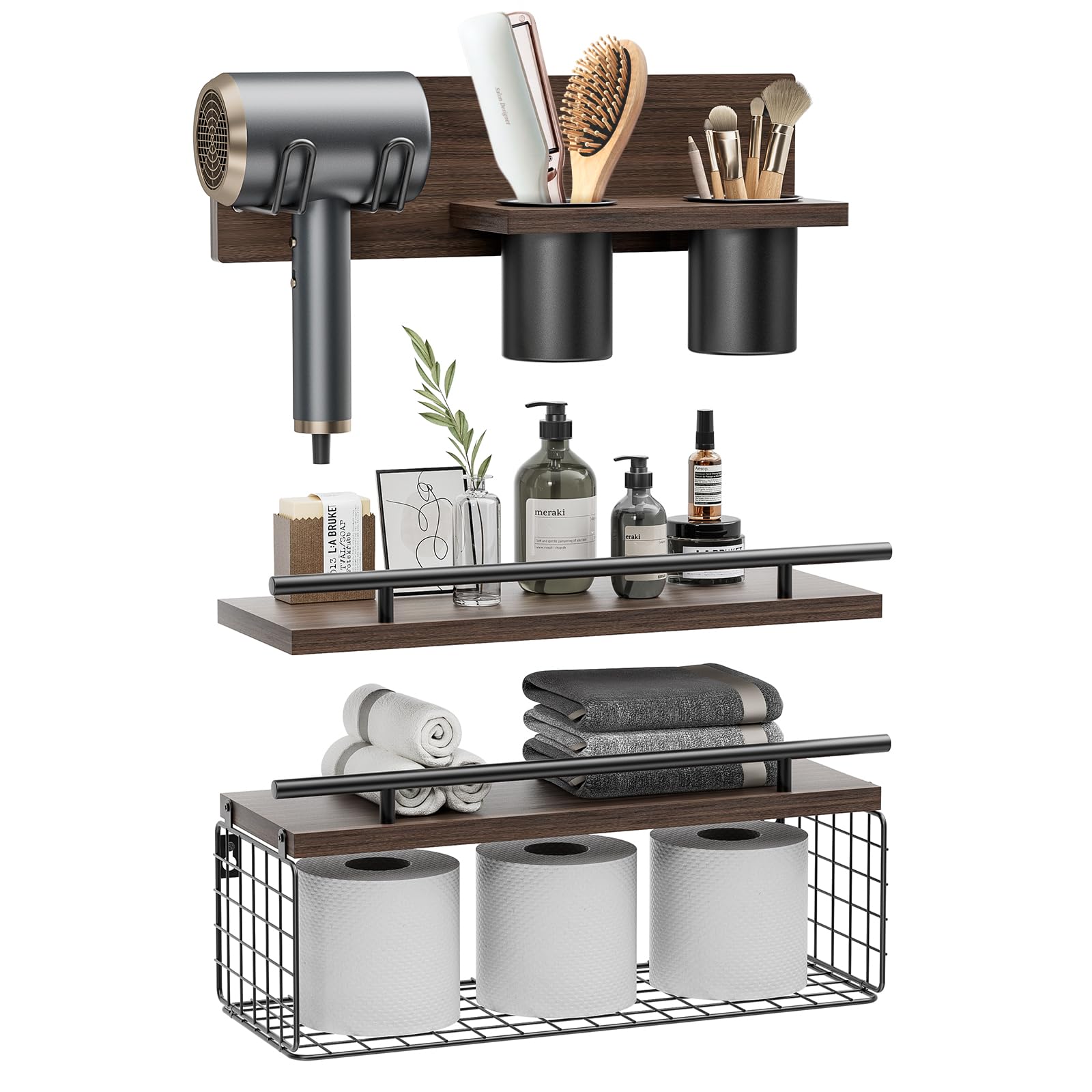 RoleDes Bathroom Floating Shelves with Hair Dryer Holder - Wall Mounted Wood Wall Shelf with Blow Dryer Storage Over The Toilet - Set of 3 Rustic Brown Farmhouse Deco