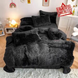 chovy Faux Fur Plush Black Comforter Sets Twin/Full Size - Ultra Soft Shaggy Flannel Velvet Fluffy Fuzzy 3PC Bedding Set （Comforter x 1 Pillowcases x 2）
