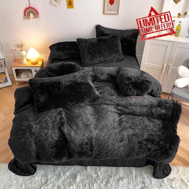 chovy Faux Fur Plush Black Comforter Sets Twin/Full Size - Ultra Soft Shaggy Flannel Velvet Fluffy Fuzzy 3PC Bedding Set （Comforter x 1 Pillowcases x 2）