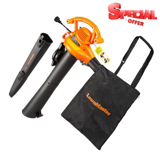 LawnMaster BV1210 Electric Blower Vacuum Mulcher 12 Amp 2-Speed Adjustment with Metal Impeller 240 MPH 380 CFM 16:1 Mulch Ratio with Collection Bag