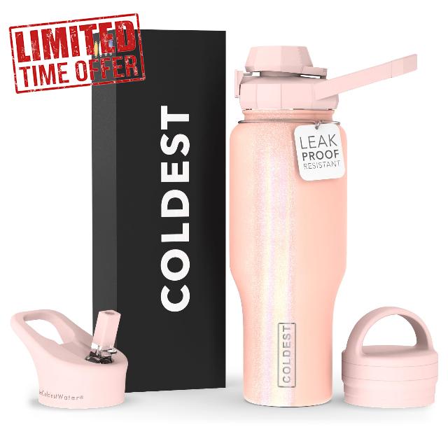 Coldest Sports Water Bottle - 3 in 1 Lids (Chug