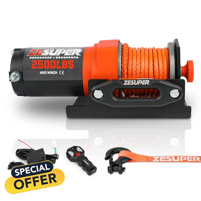 ZESUPER 2500 lb 12V DC Electric Winch 30 ft Synthetic Rope Off Road Waterproof UTV ATV Boat Winch Kits with Wireless Remote