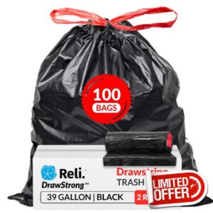 Reli. 39 Gallon Trash Bags Drawstring (100 Count) Large 39 Gallon Heavy Duty Drawstring Trash Bags