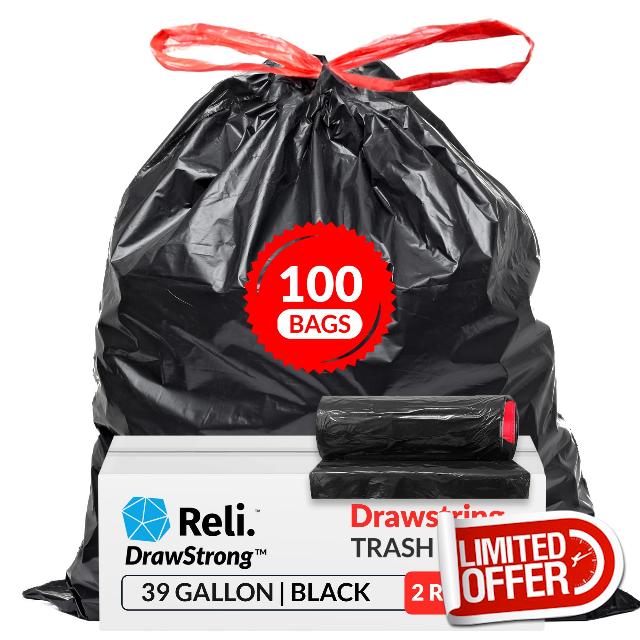 Reli. 39 Gallon Trash Bags Drawstring (100 Count) Large 39 Gallon Heavy Duty Drawstring Trash Bags