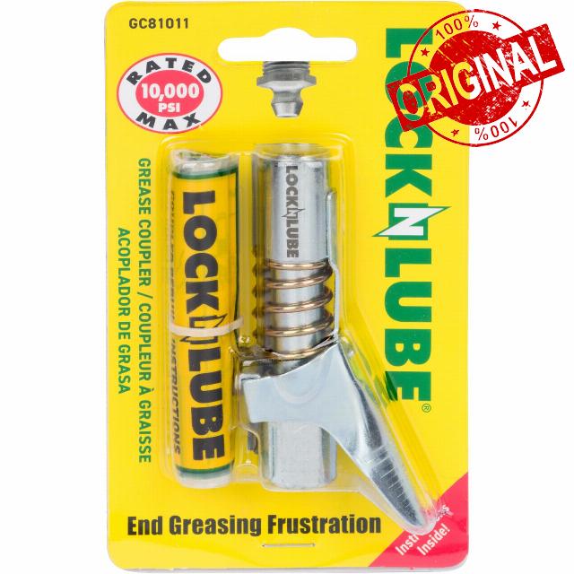 LockNLube Grease Gun Coupler locks onto Zerk fittings. Grease goes in