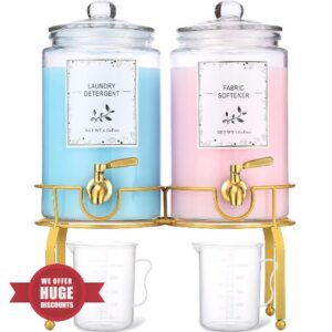 Glass Laundry Detergent Dispenser- 1 Gallon Glass Fabric Softener Dispenser with Leak-Proof Stainless Steel Faucet & Stand. Large Laundry Soap Container for Washer Room Organization &Storage