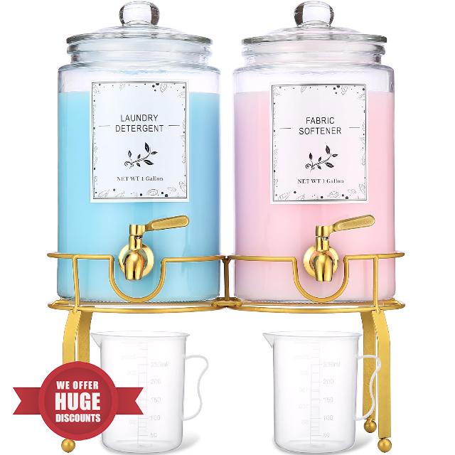 Glass Laundry Detergent Dispenser- 1 Gallon Glass Fabric Softener Dispenser with Leak-Proof Stainless Steel Faucet & Stand. Large Laundry Soap Container for Washer Room Organization &Storage