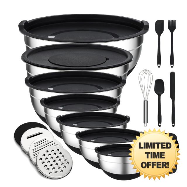 Unokit Mixing Bowls with Lids Set - 7 Pcs Stainless Steel Mixing Bowls Non-Slip Silicone Base Mixing Bowl Set for Kitchen with 3 Grater Attachments