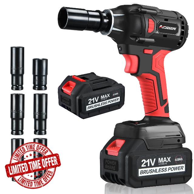 AOBEN 21V Cordless Impact Wrench Powerful Brushless Motor with 1/2" Square Driver
