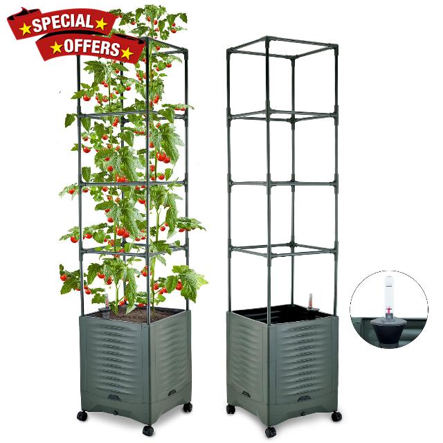 Tomato Planter Pot Tomato Box Raised Garden Bed 56.5" Tall Self-Watering and Water Indicator Planter for Tomato Outdoor Indoor Metal Trellis for Climbing Plants Large Reservoir-1 planter-not 2