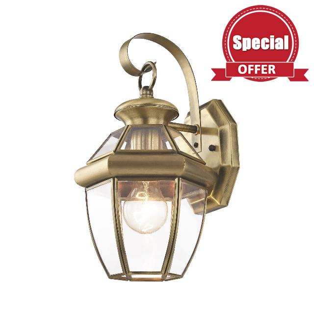 Livex Lighting 2051-01 Monterey 1 Light Outdoor Antique Brass Finish Solid Brass Wall Lantern with Clear Beveled Glass
