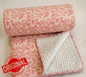 Hand Block Printed Orange Floral Super King Quilt 108x108 Inches