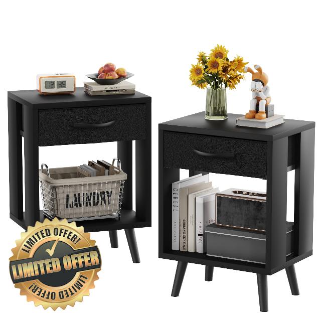 GYIIYUO Nightstands Set of 2 with Black Fabric Storage Drawer and Open Wood Shelf