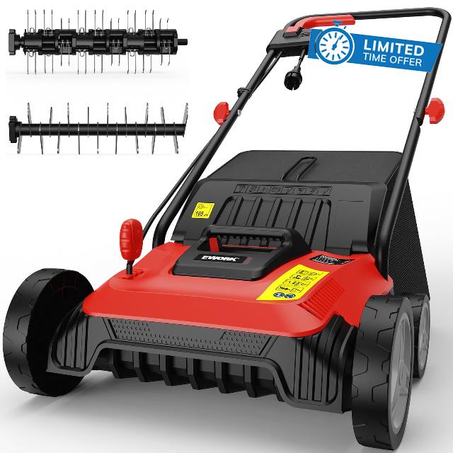 EWORK Electric Dethatcher and Scarifier 14-Inch 12 Amp 2-in-1 Lawn Dethatcher and Aerator with Collection Bag