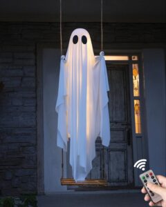 Halloween Decorations Outdoor - 5 FT Large Hanging Swing Ghost Halloween Decor with String Lights