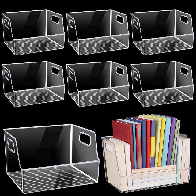 Menkxi 8 Pcs Clear Large Storage Book Display Case 13 x 8.5 x 5.9 Inch Book Organizer Stackable Bookcase Display Storage Containers with Handle Office Bookshelf Organizer Rack for CDs Magazine