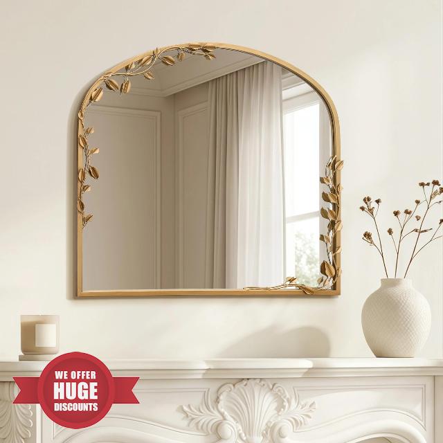 Besdomus Arched Wall Decorative Mirror: 32"x30" Ornate Brass Gold Wall Mirror - Arch Metal Framed with Vine Decorative - Modern Farmhouse for Bathroom/Fireplace/Entryway/Living Room