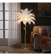 Fivemengo Feather Floor Lamp for Living Room, Fluffy Ostrich Feathers Lamp, Rose Gold Color Body,...