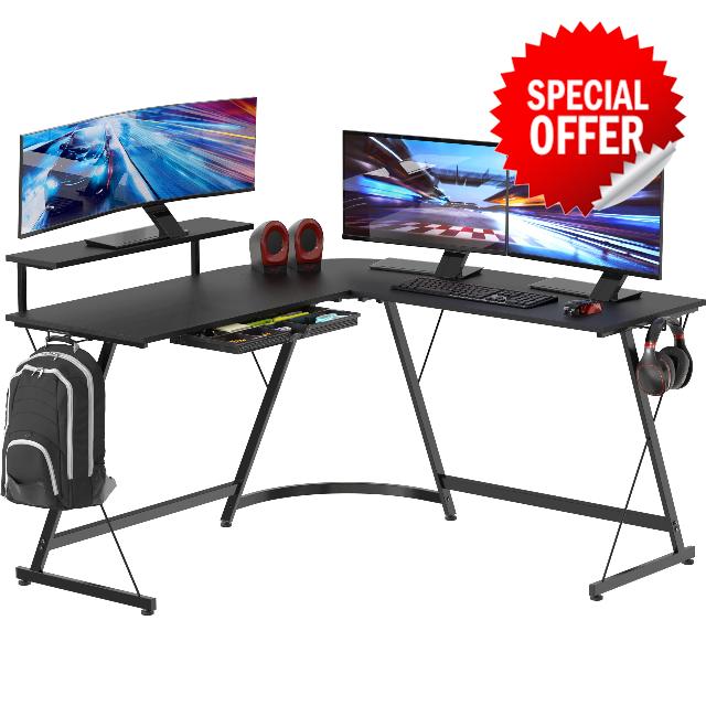 SHW 51 x 51 Inches Vista L-Shaped Desk with Monitor Stand and Drawer