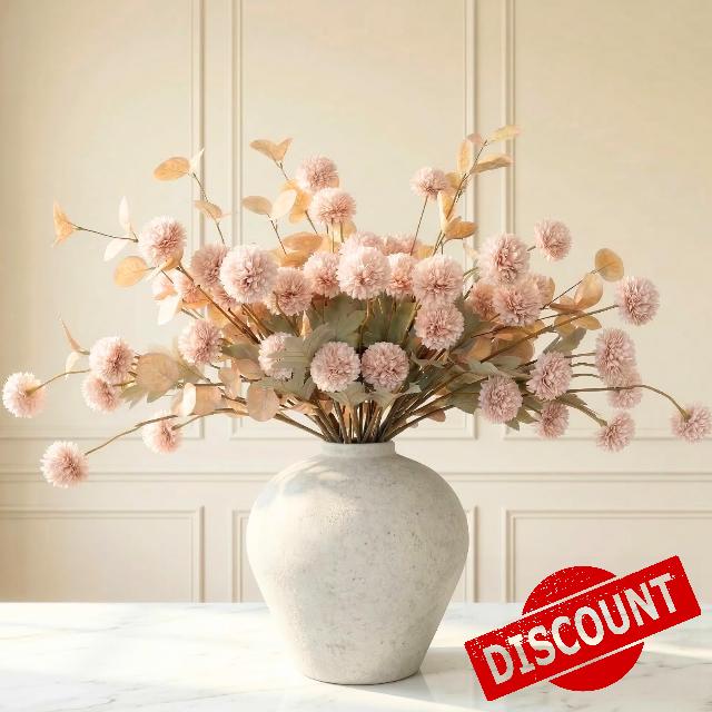 Artificial Flowers for Vase - Beige Silk Mums 10 Long Stems with Eucalyptus