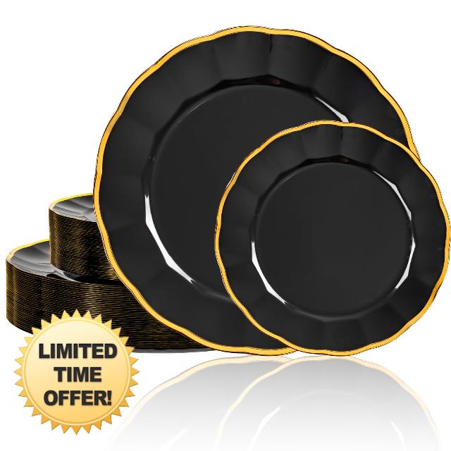 supernal 60pcs Black and Gold Birthday Plates Plastic Plates for Party and Fancy Disposable Plate Heavy Duty Scalloped Plate Wedding Disposable Dinnerware Included 30 Dessert & Dinner Plate