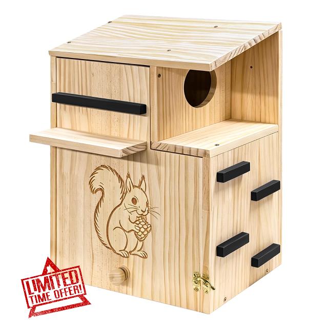 Large Wooden Squirrel Houses for Outside，Squirrel House with Dual Balconies，Predator Guard Squirrels Nesting Box，The Front Panel can be Opened，Suitable for Outdoor use