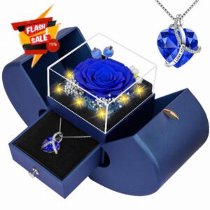 Preserved Real Blue Rose with l Love You Necklace -Birthday Gifts for Women Mom Her Wife Girlfriend Grandma on Valentines Mothers Day Christmas Anniversary Romantic-Blue