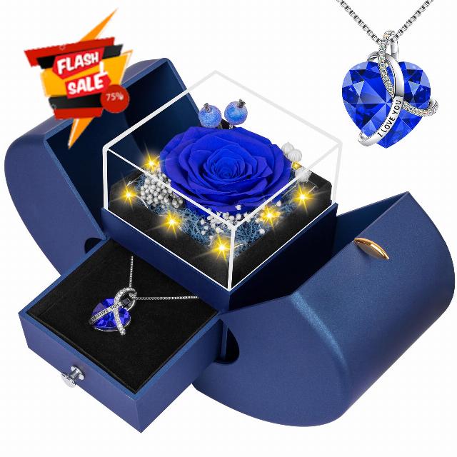 Preserved Real Blue Rose with l Love You Necklace -Birthday Gifts for Women Mom Her Wife Girlfriend Grandma on Valentines Mothers Day Christmas Anniversary Romantic-Blue