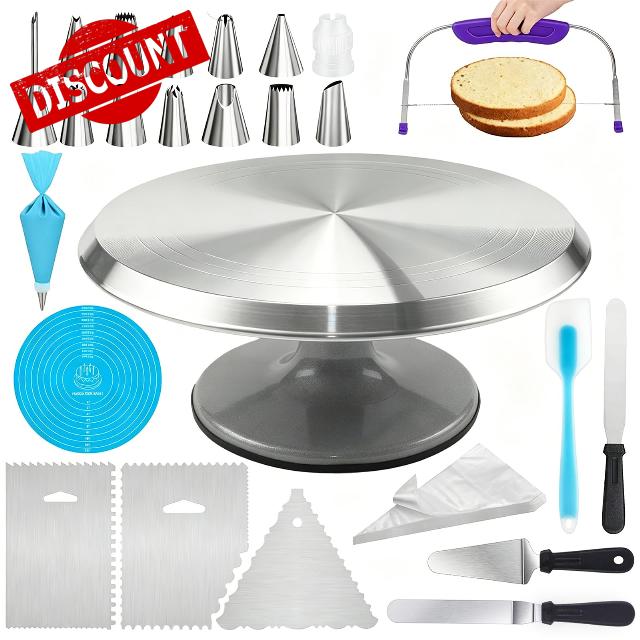 Cake Decorating Supplies Kit with 12" Aluminum Rotating Cake Turntable Stand