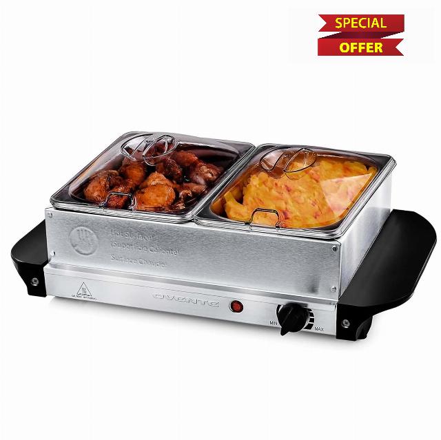 OVENTE Electric Buffet Server & Food Warmer with Two 1.5 Qt Stainless Steel Chafing Dishes
