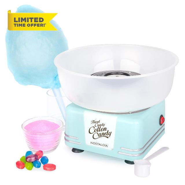 Nostalgia Countertop Cotton Candy Machine – Use Normal or Sugar-Free Candy or Flossing Sugar – Includes 2 Reusable Cones and Measuring Scoop – Aqua