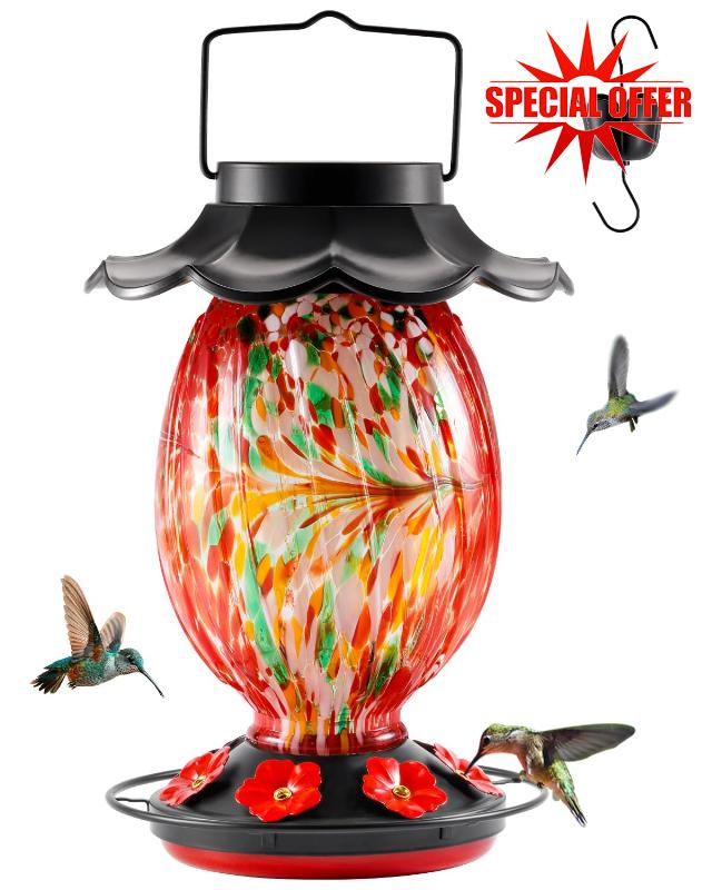 HouseSapp Solar Hummingbird Feeder - 49 fl.oz Hand Blown Glass Color Changing - 7 Feeding Ports with Perch - Never Leak - Perfect Hummingbird Feede