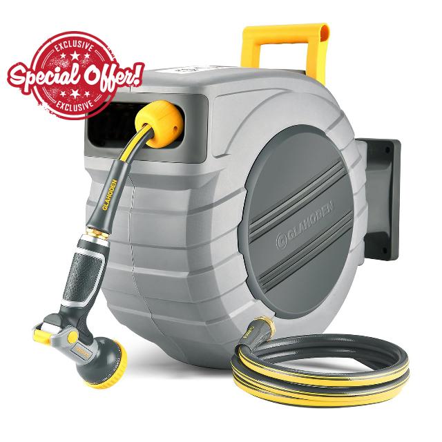 GLAHODEN Retractable Garden Hose Reel 5/8 in x 100 ft Upgraded UV Resistant Heavy Duty Automatic Hose Reel Wall Mount 3/4 in Brass Fitting 9 Pattern Nozzle Any Length Lock Slow Retraction 180° Swivel