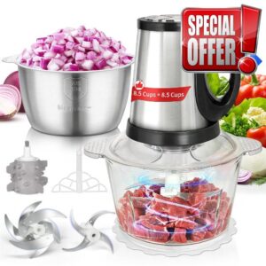 Electric Food Processor(8.5Cups+8.5Cups)【800W Pure Copper Motor】【2 Sets SUS 304 Blade】 Electric Food Chopper with 2 Bowls