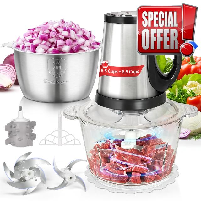 Electric Food Processor(8.5Cups+8.5Cups)【800W Pure Copper Motor】【2 Sets SUS 304 Blade】 Electric Food Chopper with 2 Bowls
