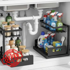 Under-Sink Storage Organizer (2-Pack) — Double-Tier Pull-Out Cabinet Organizer with Sliding Drawers ，Heavy-Duty & Versatile Storage Rack for Kitchen